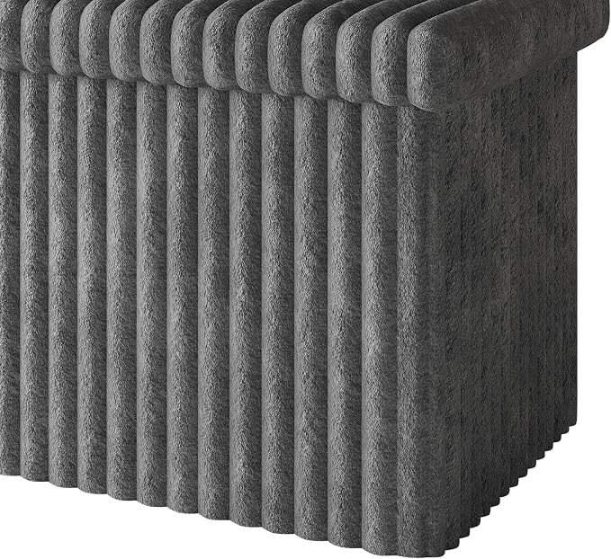 HOME DESIGN Florence 30" Upholstered Folding Storage Bench, Tufted Top, Space-Saving Storage, Gray Corduroy Fabric