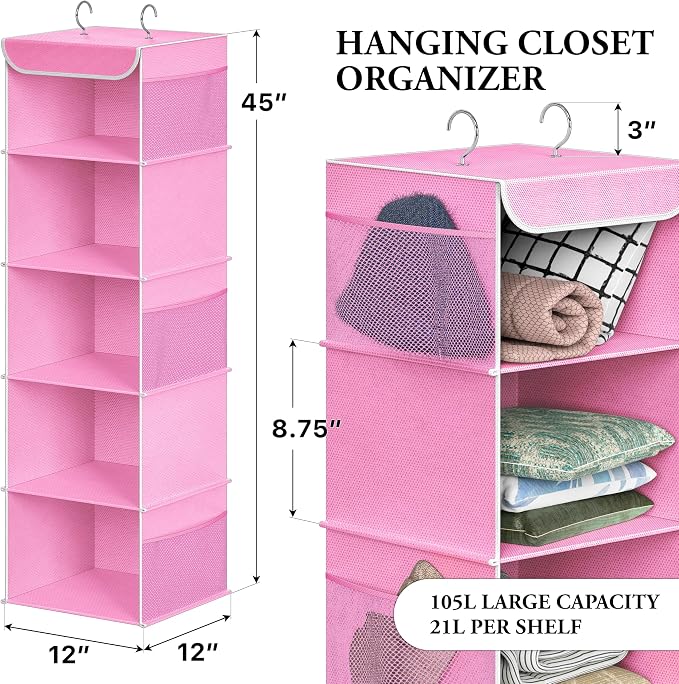 Simple Houseware 5 Shelf Hanging Closet Organizer, Pink | 360° Rotating Dual Hooks, Top Support Metal Frame, 6 Side Mesh Pockets