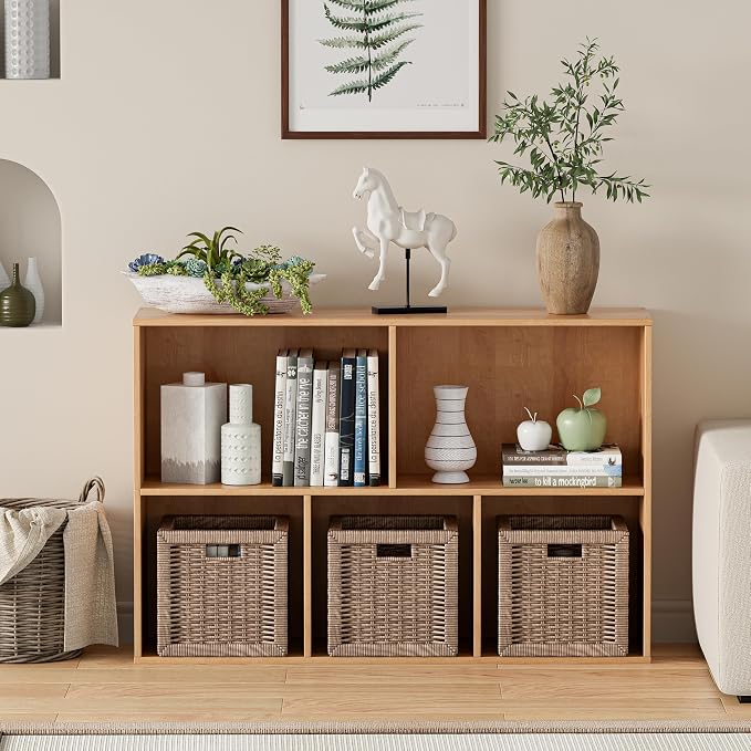 VDNEND Wooden Cube Storage Organizer with Closed Back Panel, 11in Cube Shelf Opening, Bookshelf, Display Shelf,Closet Cabinet for Home and Office (Natural Oak, 5-Cube 35.98L*9.45W*24.09H)