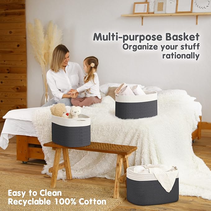 CHAT BLANC Cotton Rope Baskets for Organizing, Shelves, Toys, Storage, Shoe, Bathroom, Laundry, Towel, Nursery, Home Decor, Blanket, Cloth Woven Bins Fabric (Creamy White & Graphite, 15"x10"x9")