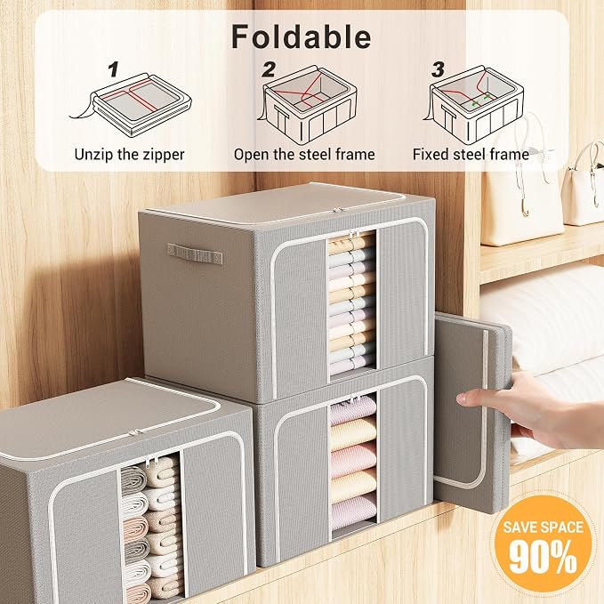 Clothes Storage Bins with Metal Frame Foldable Storage Box Clothes Organizers Storage Containers for Clothes Sheets Blankets Books Toys Gifts and Holiday Decorations (66Lx3 Pack)