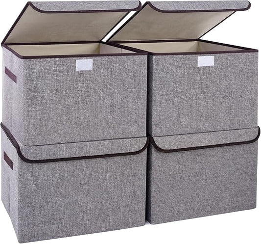 Bagnizer Large 22 Quart Linen Fabric Foldable Storage Bin Cube Organizer Basket with Flip-Top Lid & Handles, Clothes Blanket Box for Home, Office, Closet, Gray, 4 Pack 14.6 x 9.5 x 9.5”