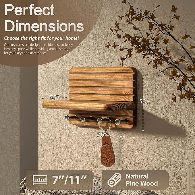Rebee Vision Small Key Holder Wall Mount with 4 Hooks for Entryway, Yellow | Pine Wood, Round Corner, Key Holder for Wall, Mini Floating Shelf, Plant Display, Space-Saving, Tidy Home Accent