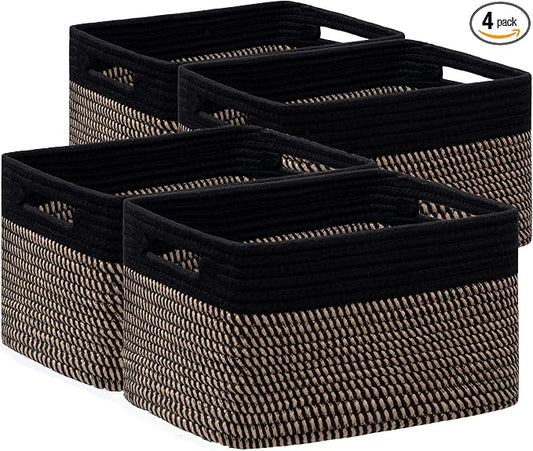 4 Pack Storage Baskets for Organizing, Shelf Baskets with Handles, Black&Brown