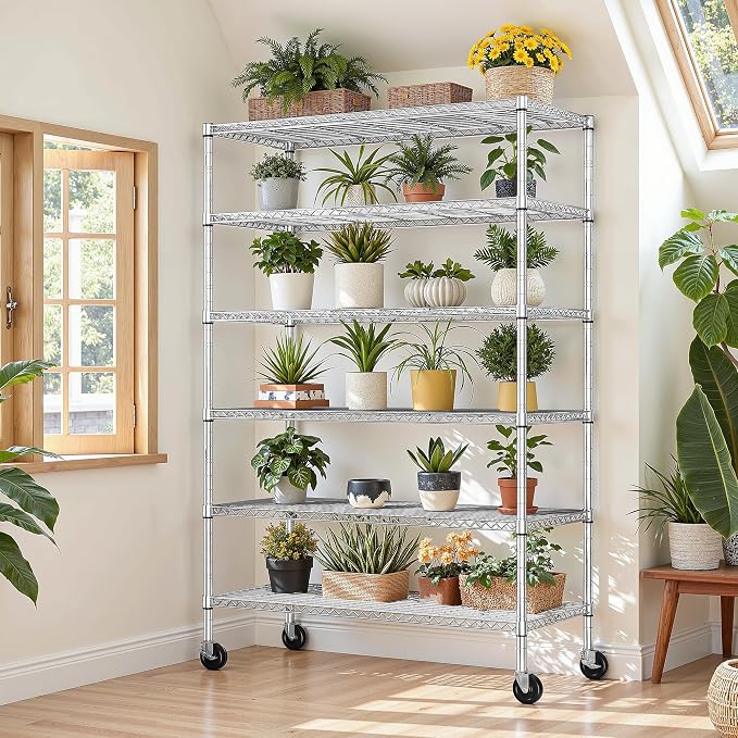 Romorgniz 82" H X45 W X18 D Storage Shelves with Wheels, 6 Tier Wire Shelving Adjustable Metal Shelving Pantry Shelves Capacity 1200LBS for Garage Shelving, Pantry, Kitchen, Commercial, Chrome,3P