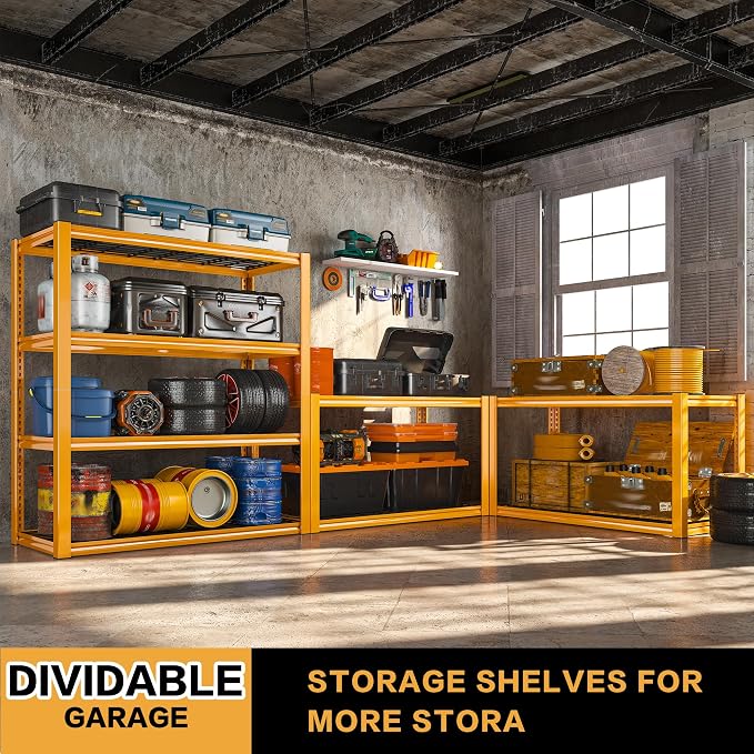 REIBII 40" W Yellow Garage Shelving with Double-Layer Frames for Homeowners | Load 2200Lbs, Adjustable, 10-Minute Easy Assembly, Wire Mesh Panels, for Garage Basement Warehouse Pantry, 40"W×19.5"D×59.5"H