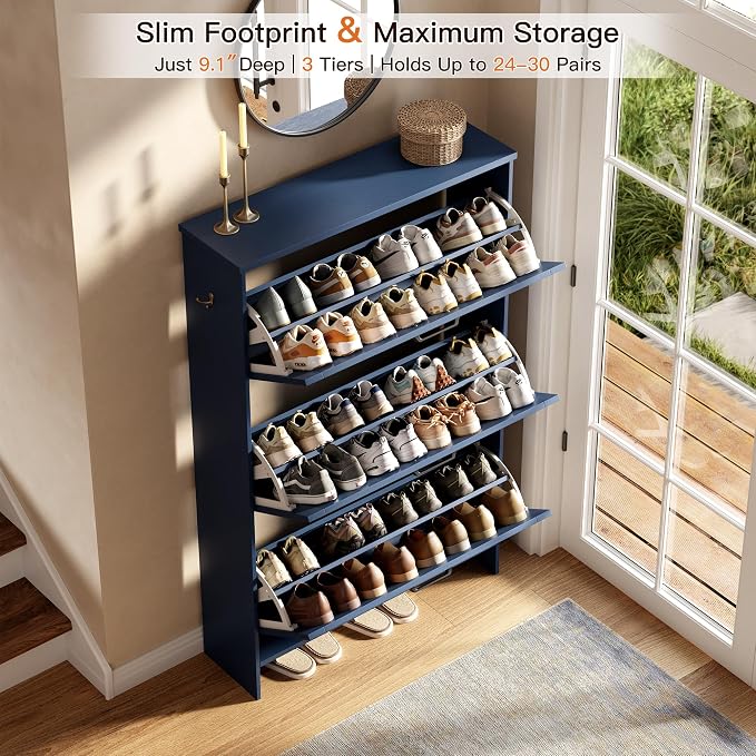 Shoe Cabinet for Entryway, 3 Flip Drawers Shoe Storage Cabinet with 3-Tier Adjustable Shelves, Ultra Slim Freestanding Hidden Shoe Organizer with Barn Door Design, Navy Blue