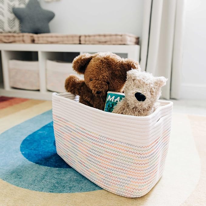 OrganiHaus Rainbow Baskets for Shelves, Set of 3, 15x9x10 | Colorful, handwoven cotton rope; a toy bin for playroom, classroom, or girls' room decor; great for nursery too
