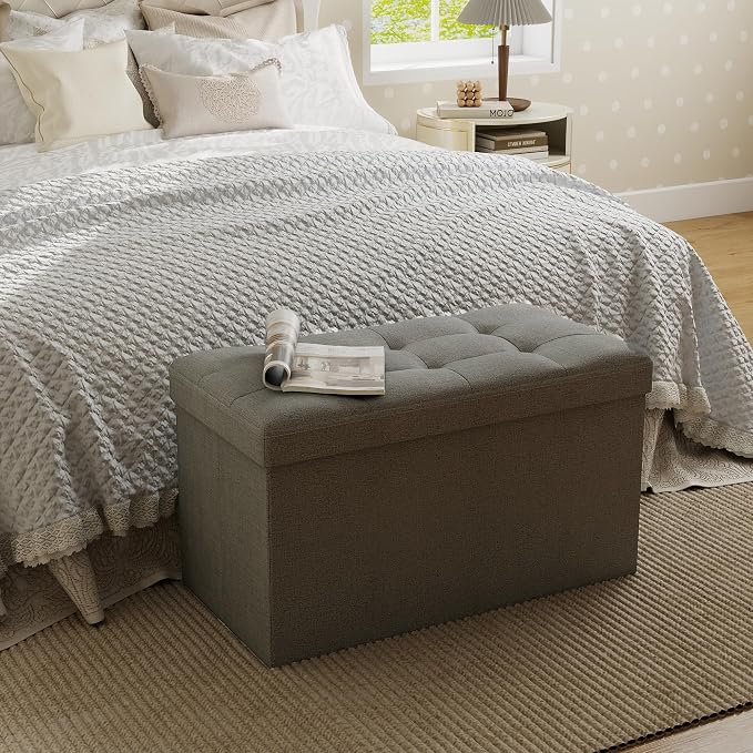 KROFEM 30" Folding Storage Ottoman Bench,Rectangle Foot Rest Stool for Living Room and Bedroom Holds 660 lbs,Synthetic Leather,Light Gray