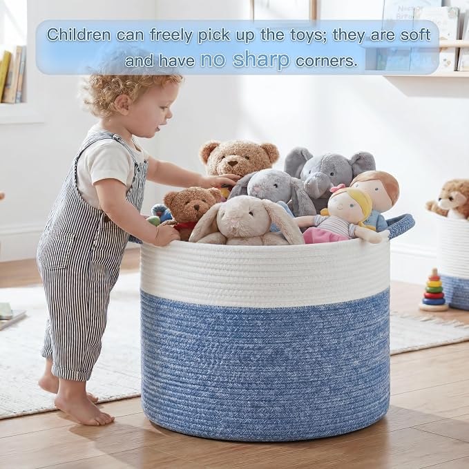 Artfeel 40L Large Cotton Rope Basket, Decorative Woven Blanket Storage for Living Room, Boho Toy Storage & Toy Box for Kids, Versatile Laundry Basket & Nursery Hamper for Blankets(DenimBlue)