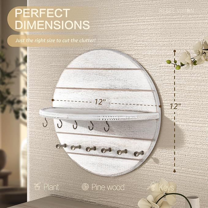 RebeeVision Pine Wood Round Key Holder Wall Mount for Wall Decor, Whitewash | Round Corner, Key Holder with Floating Shelf, Rich Wood Grain, 2 Hook Types, Key Organizer for Entryway Storage
