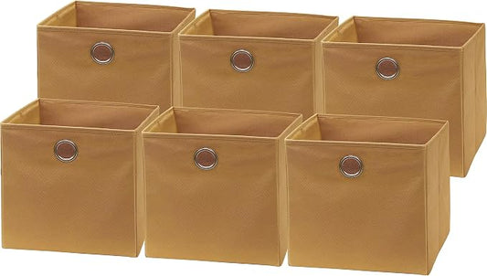 Simple Houseware 11-Inch Foldable Cube Storage Bins with Handles, Tan | 6-Pack Lightweight & Durable Structure Fabric Cubes Organizer for Closet or Shelves