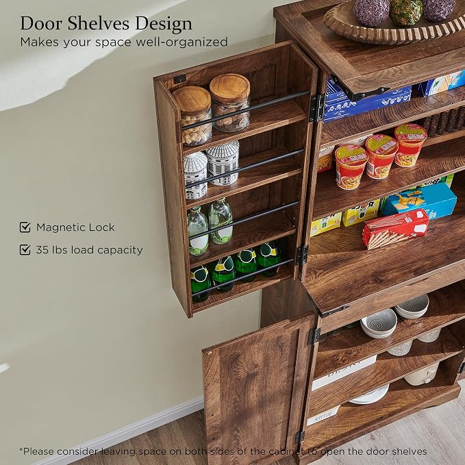 72" Tall Wooden Pantry Storage Cabinet with Door Shelves & Drawer | Farmhouse, Barn Doors, Adjustable Shelves, Freestanding, Anti-tip Kit, for Kitchen, Dining Room, Living Room