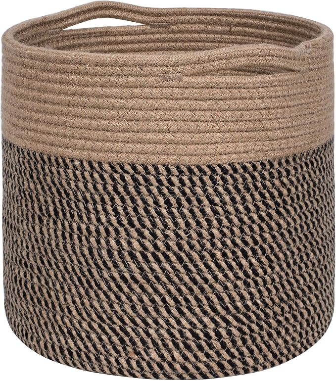11 x 11 Inches Cotton Rope Basket for Flower Pot and Indoor Floor Planters, Decorative Round Woven Plant Pot Basket, Planter Covers, Small Dog Toy Storage Baskets, Black
