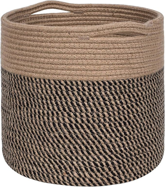 11 x 11 Inches Cotton Rope Basket for Flower Pot and Indoor Floor Planters, Decorative Round Woven Plant Pot Basket, Planter Covers, Small Dog Toy Storage Baskets, Black