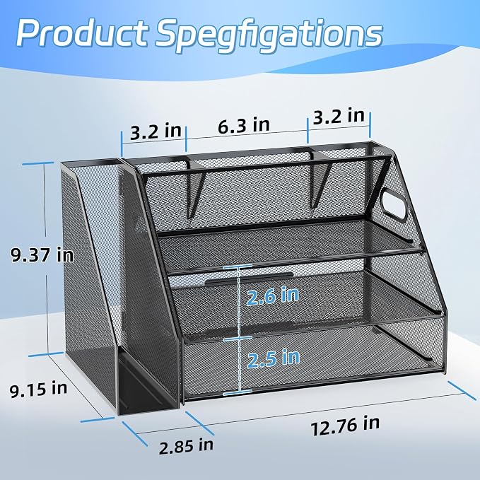 Docnest 3 Tier Desk Organizer with File Holder & Pen Holder, Black | Features 3 built-in pen holders with removable dividers. Space-saving mesh storage for office mail, files & stationery