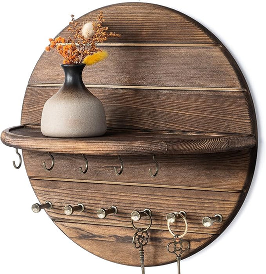 Rebee Vision Pine Wood Round Key Holder Wall Mount for Home Decor, Brown | Round Corner, Key Hooks for Dog leashes & Sunglasses, Display Shelf for Plant & Letters, Mail Organizer, Home Essentials
