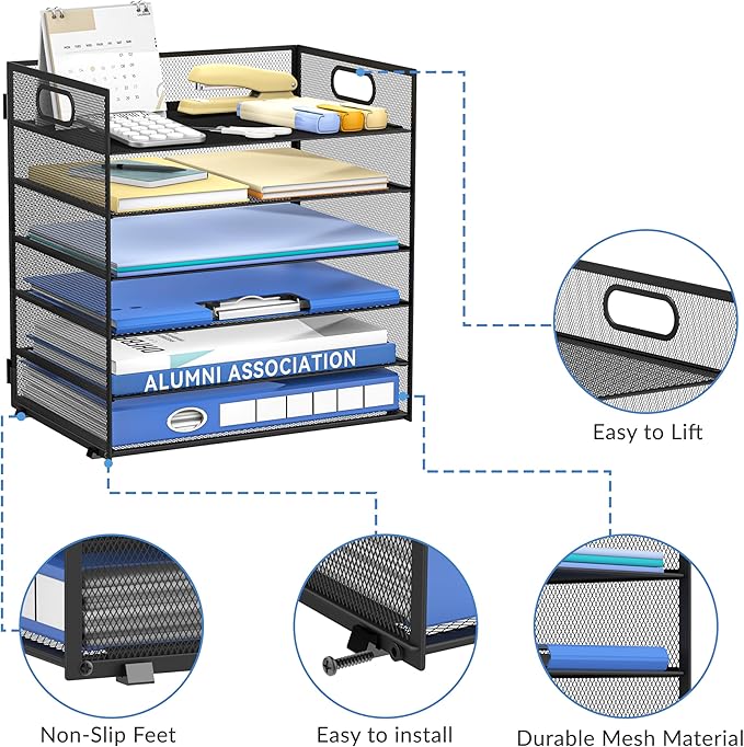 Daltack 6-Tier Paper Organizer for Desk with Handle, Black, 2 Pack | Sturdy Metal Mesh Organizer with Movable Middle Trays and a Carry Handle for Papers, Folders and Office Supplies