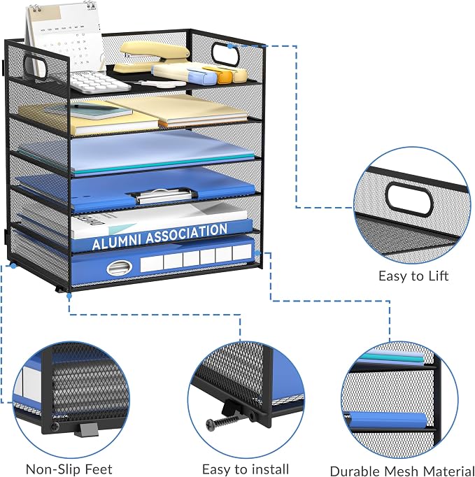 Daltack 6-Tier Paper Organizer for Desk with Handle, Black | Sturdy Metal Mesh Organizer with Movable Middle Trays and a Carry Handle for Papers, Folders and Office Supplies