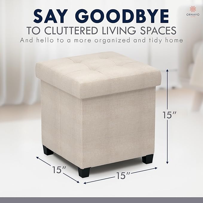 Ornavo Home Square Cube Storage Ottoman with Legs, 15x15x15, Beige | Foot Rest Stool Seat; Holds Up to 600 lbs; Ideal for Living Room, Bedroom, Home Office or Dorm