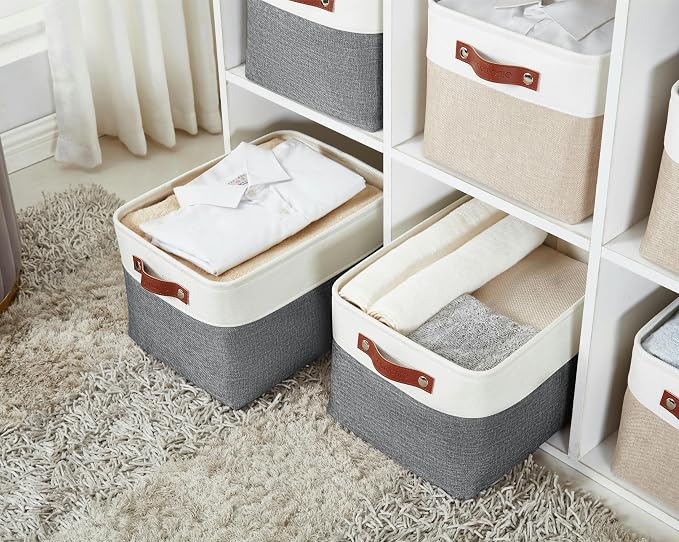 DECOMOMO Storage Bins, Extra Large Fabric Storage Baskets for Shelves 3Pack | 15.8 x 12.5 x 10 inches Decorative Linen Closet Organizers (Slate Grey & White)