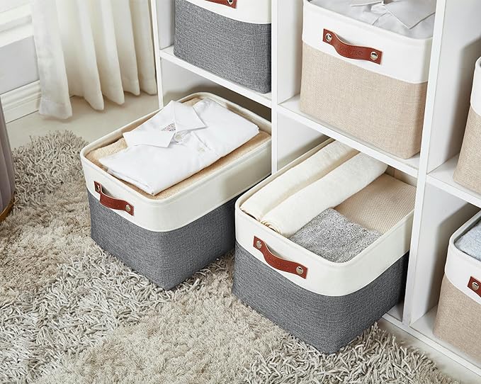 DECOMOMO Storage Bins, Large Fabric Storage Baskets for Shelves 3 Pack | 15 x 11 x 9.5 inches Decorative Linen Closet Organizers (Slate Grey & White)
