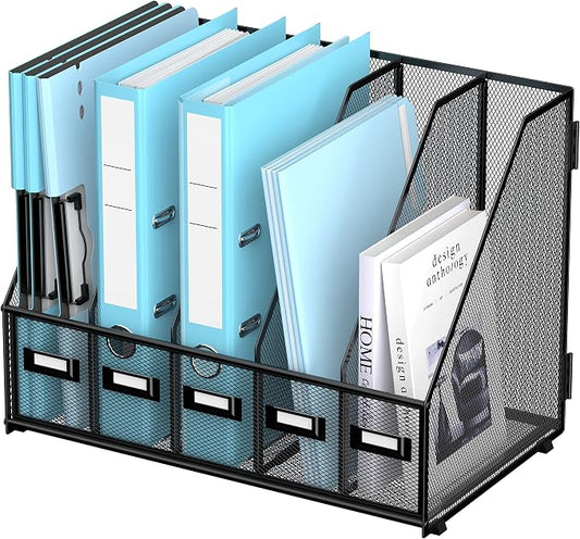 SUPEASY Desk Organizers Metal Desk Magazine File Holder with 16''x12''x12'' 5 Vertical Compartments Rack File Organizer for Office Desktop, Classroom, Home Workspace, Black Plus