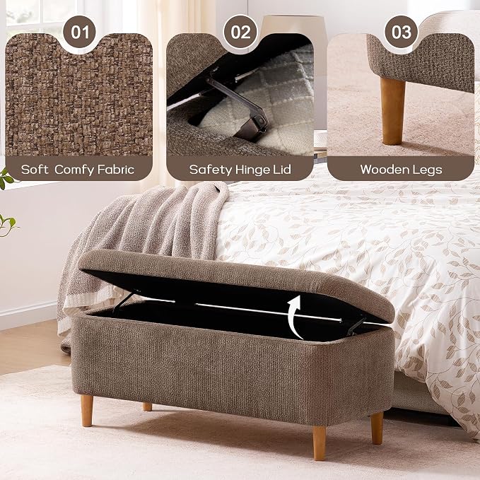 39.4”Ottoman with Storage Set of 2,Upholstered Comfy Storage Bench Ottoman with Wooden Legs,End of Bed Bench Footstool for Hallway Entryway Bedroom Living Room Corner Brown