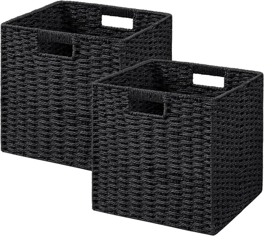 UBBCARE 2 Pack Wicker Basket, 11L×11H×10.5W inch Woven Paper Rope Storage Baskets for Shelves, Foldable Cube Storage bin with Handle, Storage Basket for Organizing & Decor, Black