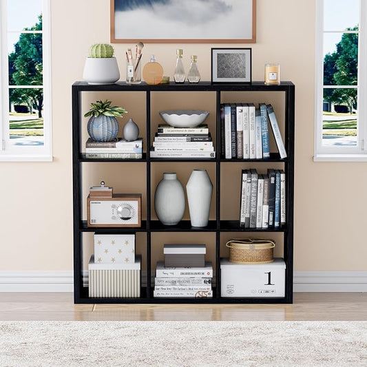 VDNEND Cube Storage Organizer Bookcase, Decorative 11 inch Open Back Cubical Shelf with Thickened Border, Display Bookshelf for Living Room, Home Office, Sturdy Room (Black, 9 Cube)