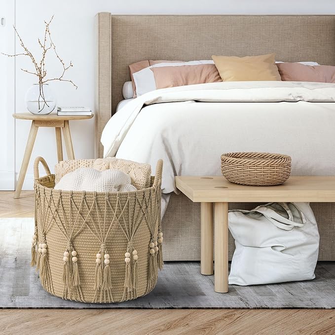 Blanket Basket for Living Room Decor Storage Basket for Toy Organizer Boho Decor Baskets for Modern Farmhouse Decor Small Laundry Basket for Bedroom and Laundry Room Organization,Natural
