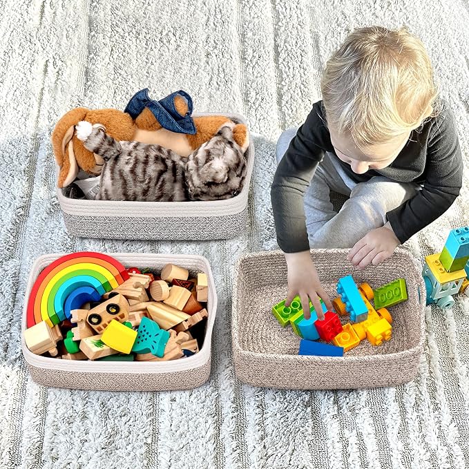 Goodpick 3-Pack Rope Storage Baskets for Gifts,11 x 7 x 4.5 in | Empty Baskets for Shelves, Dog Toy Basket, Closet Baskets for Organizing, Empty Baskets for Gifts, White & Light Brown