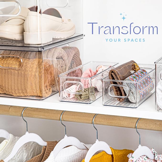 Plastic Food Storage 8 Pack Clear Container Bin with Handles for Organizing Kitchen, Pantry, Fridge, Freezer, Pantry,Bathroom. 10"x4"3"