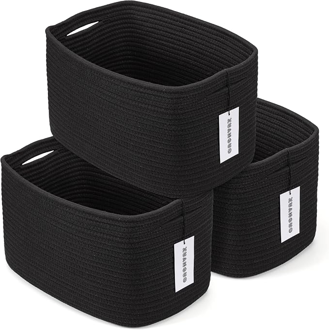 XUANGUO Woven Cotton Rope Storage Baskets 15x10x9.3" 3 Pack Black | Decorative rectangular storage baskets for shelves and closets; storage bins organize clothes, toys, books and nursery items.