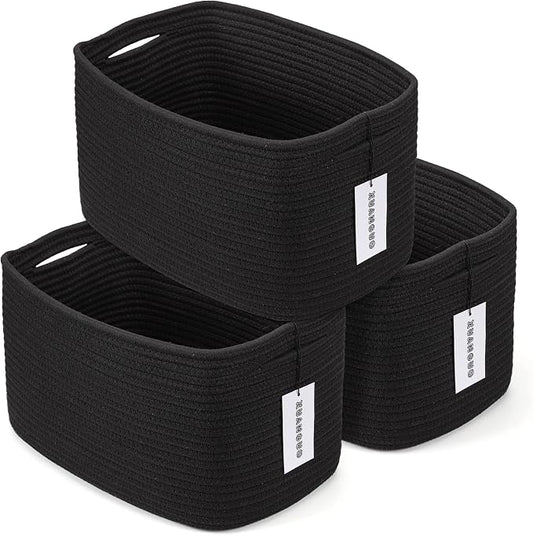 XUANGUO Woven Cotton Rope Storage Baskets 15x10x9.3" 3 Pack Black | Decorative rectangular storage baskets for shelves and closets; storage bins organize clothes, toys, books and nursery items.