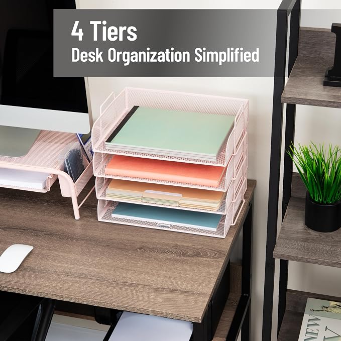 Mind Reader Stackable Paper Tray, Desktop Organizer, File Storage, Office, Metal Mesh, 4 Pcs., Pink