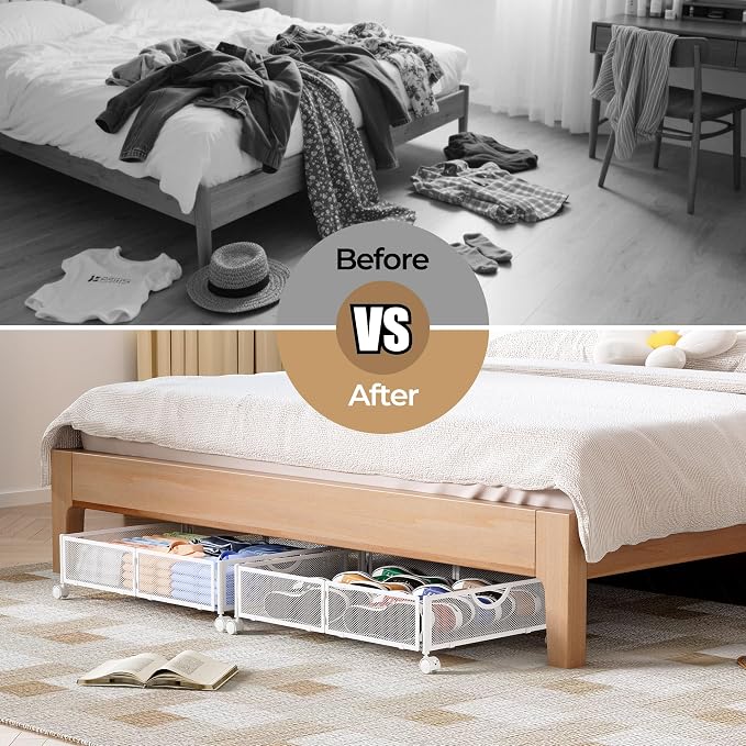 Yecaye Under Bed Storage with Wheels, 2 Pack Under Bed Shoe Storage Organizer Drawer, Tool-free Assembly Metal Underbed Storage Containers for Clothes, Shoes, White