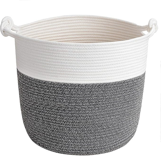 Goodpick Woven Rope Blanket Basket Living Room, 40L, Dark Grey | Baby Laundry Basket with Handles, Holds Clothes, Blankets & Pillows,Toys Storage for Kids