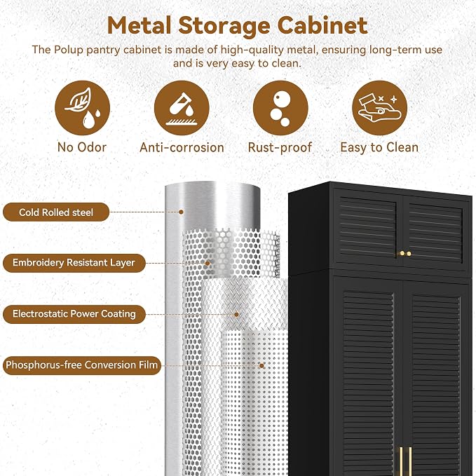 Polup 90" Tall Metal Kitchen Pantry Storage Cabinet with Doors and Shelves | Heavy-Duty Black Cabinet, 5 Adjustable Shelving, Gold Handles, Louvered Doors, for Dining Living Room, Bathroom & Garage