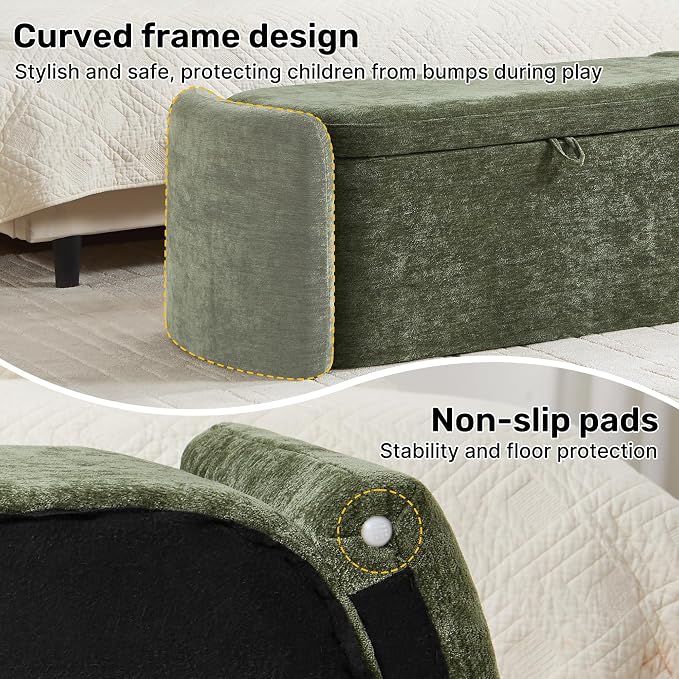 Oval Storage Ottoman Bench, 45" Upholstered Chenille End of Bed Storage Bench, Foot Rest Ottoman with Storage, Bedroom Living Room and Hallway,Green