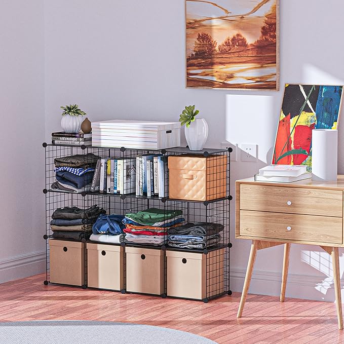 HUBSON Wire Cube Storage Organizer, Book/Toy/Craft/Potted Plants and petCloset Organizers and Storage Shelves?6-Cube Freely Combinable Metal Grids Storage Shelf,Black Plus Iron