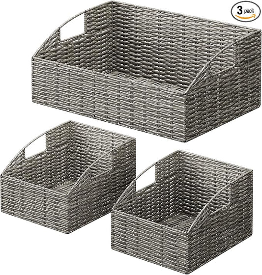 Pantry Baskets Organization, Wicker Storage Bin Shelf Grey | Handwoven Pantry Organizers and Storage with Built-in Handles, Laundryroom Organization Storage Bins for Snack Cans