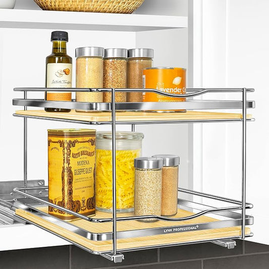 LYNK PROFESSIONAL® Élite™ Pull Out Spice Organization for Cabinets - 10-3/8 inch Wide – Spice Rack for Inside Cabinets – Wood/Chrome - Sliding Spice Rack Organizer for cabinet – Spice Rack - 2 Tier