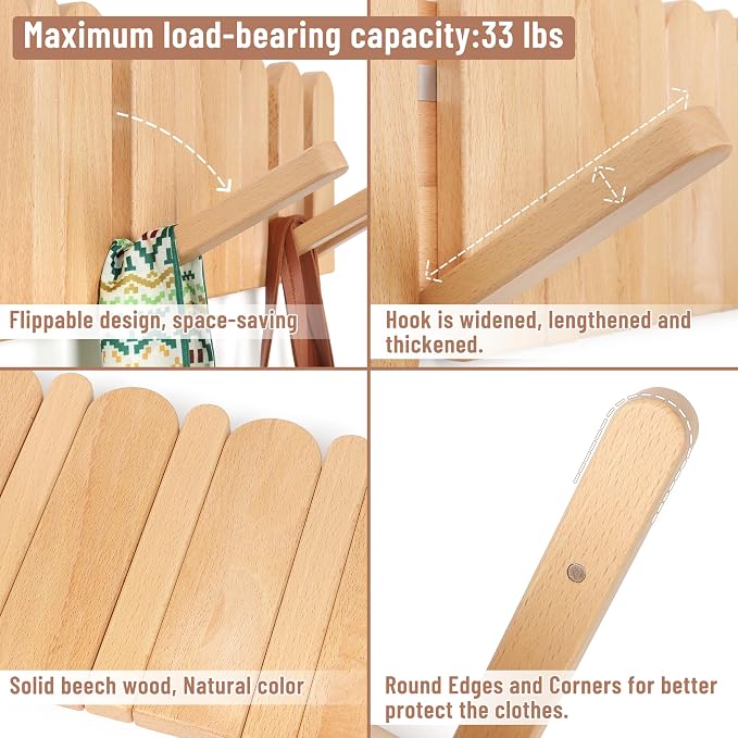 Wooden Boho Wall Mount Coat Rack 6 Hooks 16.8'' | Entryway Hanger with Magnetic Foldable Hooks Mounted, Space Saving for Hanging Jacket Bag for Apartments & Modern Homes