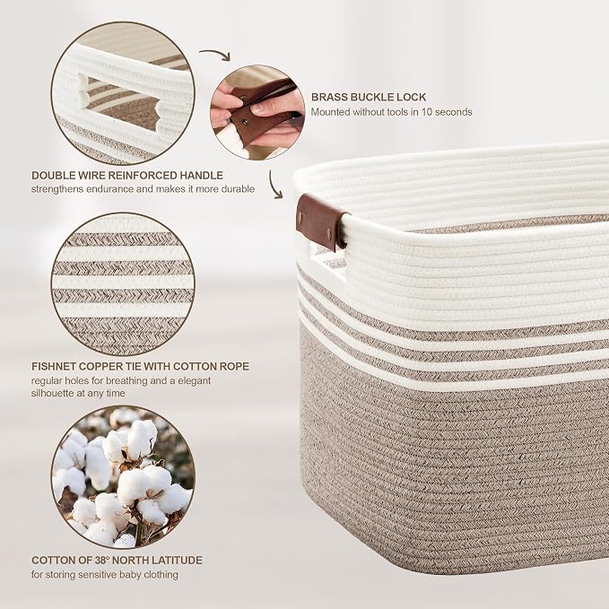 72L Large Woven Laundry Basket Hamper with Leather Handles,Brown | collapsible wicker hamper, storage for dirty clothes, toys, blankets, gifts, living room, bedroom, bathroom, 22"x17"x12"