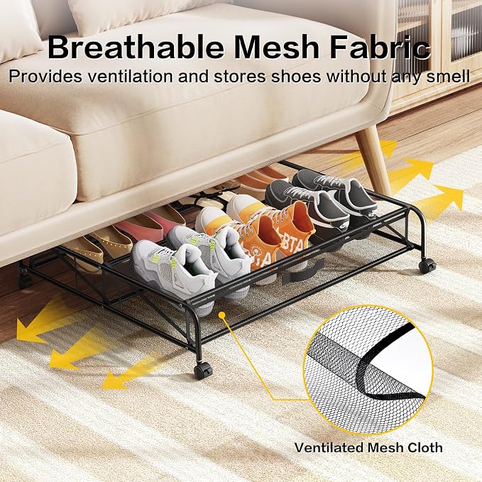 Under Bed Shoe Storage Organizer, 2 Pack Under Bed Storage Containers with Wheels for Under Bed Shoe Organizer Drawer Space Saving for bedroom