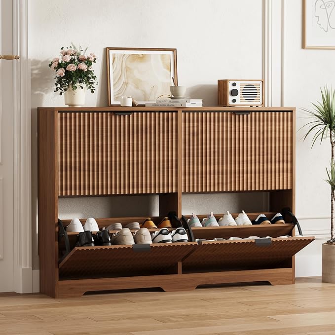 Shoe Cabinet Storage for Entryway with 4 Flip Drawers, Walnut Fluted Shoe Cabinet with Adjustable Shelves, Wooden Hidden Shoe Rack Freestanding Narrow Slim Shoes Storage for Hallway, Entrance