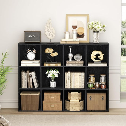 VDNEND Wooden Storage Organizer with Closed Back Panel, 11in Cube Shelf Opening, Bookshelf, Display Shelf,Closet Cabinet for Home and Office (Black, 12-Cube 35.98L*9.45W*47.72H)