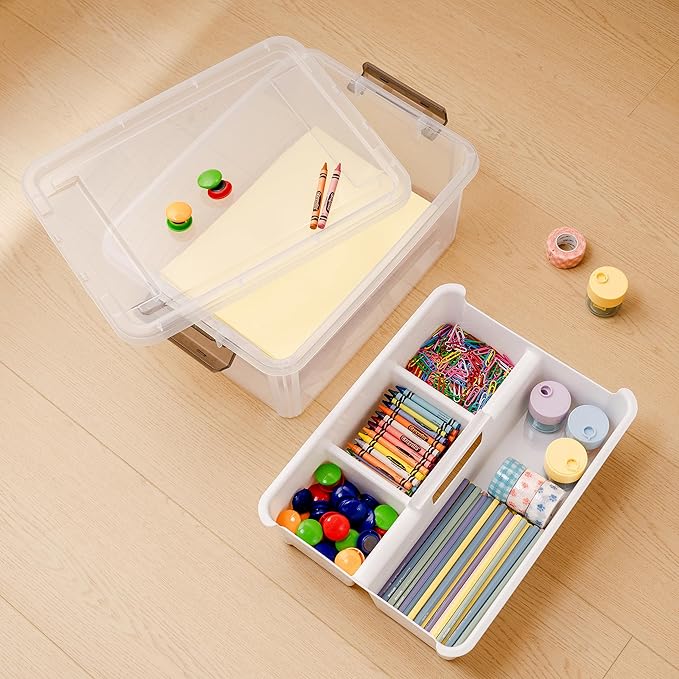 Citylife 17 QT Clear Craft Organizers and Storage Box with Handled Tray | Stackable Art Supply Organizer Storage Bins with Lids for Craft, Beads, Markers, Sewing, Tools, Playdoh, Coloring Books,