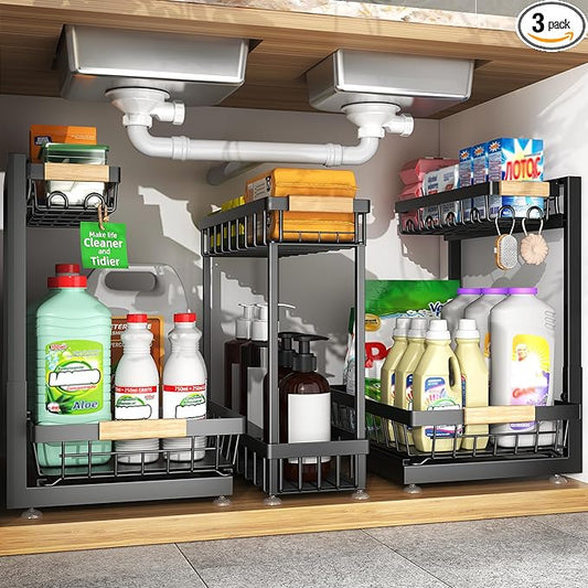 Sevenblue 3 Pack Under Sink Organizer, Height Adjustable 2 Tier Pull-Out Metal Under Kitchen Sink Organizer, Multi-Purpose Storage Shelves for Kitchen Bathroom Cabinet, Black